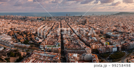 Barcelona street aerial view with beautiful patterns in Spain. Barcelona skyline aerial view with buildings in Spain. 99258498