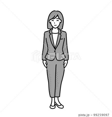 パンツスーツ姿の女性イラスト 1人全身 モノクロ パンツスーツ姿の女性イラスト 1人全身 モノクロ 99259097