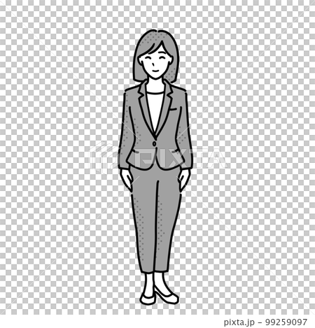 穿著褲裝的女人的插圖,全身,單色 穿著褲裝的女人的插圖,全身,單色 99259097