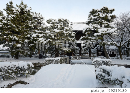 雪の建仁寺 放生池の石橋と望闕楼 京都市東山区 雪の建仁寺 放生池の石橋と望闕楼 京都市東山区 99259180