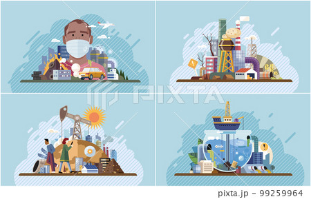 Air water pollution by industrial production concept set. Factory emitting smoke pouring toxic waste Air water pollution by industrial production concept set. Factory emitting smoke pouring toxic waste 99259964