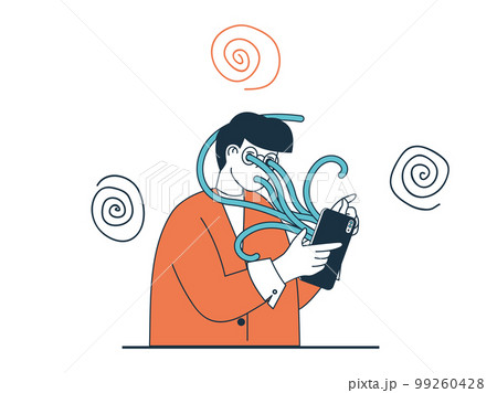 Internet addiction concept with character situation. Man obsessing over networking and swallowed by smartphone screen with tentacles. Vector illustration with people scene in flat design for web Internet addiction concept with character situation. Man obsessing over networking and swallowed by smartphone screen with tentacles. Vector illustration with people scene in flat design for web 99260428