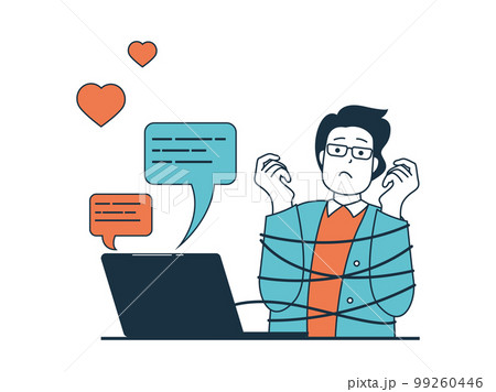 Internet addiction concept with character situation. Man has unhealthy addiction to online chatting and is tied with ropes to laptop. Vector illustration with people scene in flat design for web Internet addiction concept with character situation. Man has unhealthy addiction to online chatting and is tied with ropes to laptop. Vector illustration with people scene in flat design for web 99260446