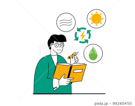 Green energy concept with character situation. Man developing ecological system technology using renewable sources of wind, sun and water.Vector illustration with people scene in flat design for web Green energy concept with character situation. Man developing ecological system technology using renewable sources of wind, sun and water.Vector illustration with people scene in flat design for web 99260450