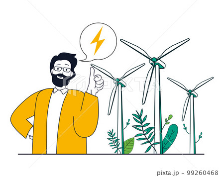 Green energy concept with character situation. Man uses wind turbines to generate electricity, alternative and ecological energy sources. Vector illustration with people scene in flat design for web 99260468
