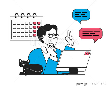 Freelance concept with character situation. Freelancer plans work processes on calendar, communicates with customers online from home. Vector illustration with people scene in flat design for web 99260469