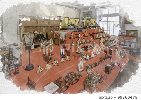 水彩画風　総社市まちかど郷土館　雛人形七段飾り　岡山県総社市 99260478