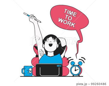 Freelance concept with character situation. Happy woman designer freelancer with pencil getting ready to start work on laptop by clock. Vector illustration with people scene in flat design for web Freelance concept with character situation. Happy woman designer freelancer with pencil getting ready to start work on laptop by clock. Vector illustration with people scene in flat design for web 99260486