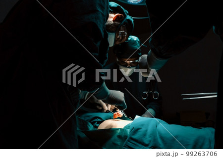 Surgical team performing surgery to patient in sterile operating room. 99263706