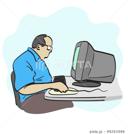 line art fat businessman working on old...のイラスト素材 [99263986] - PIXTA