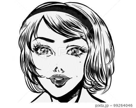 60年代レトロ風アメコミの金髪アメリカン美女のモノクロポートレート