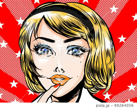 60年代レトロ風アメコミの金髪アメリカン美女のポートレートと星条旗風背景イラスト 60年代レトロ風アメコミの金髪アメリカン美女のポートレートと星条旗風背景イラスト 99264056