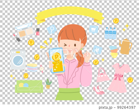 Image illustration material of a young woman who is active on a smartphone 99264397
