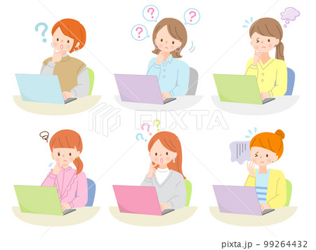パソコンを見て困惑する若い女性の表情セット 99264432