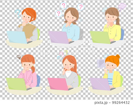 パソコンを見て困惑する若い女性の表情セット 99264432