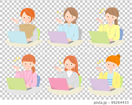 Facial expression set of a young woman who guides by looking at a personal computer 99264433