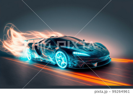 Speeding fast sports car drives on highway road with motion blur effects 99264961