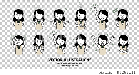 Illustration set of facial expressions and gestures Girl in uniform Illustration set of facial expressions and gestures Girl in uniform 99265111