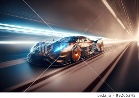 Speeding fast sports car drives on highway road with motion blur effects 99265245