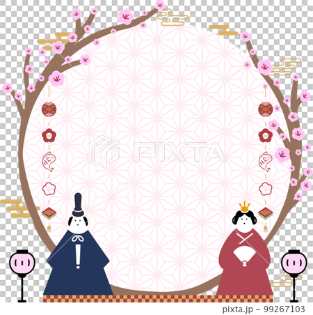 日本の伝統的な飾りと雛人形で飾られたひな祭りのサークルフレームテンプレート 99267103
