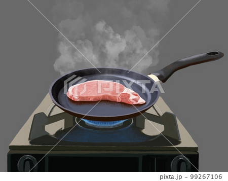 フライパンとガスコンロ（豚肉）蒸気 99267106