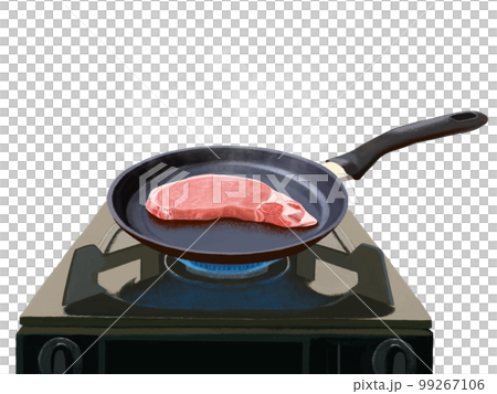 フライパンとガスコンロ（豚肉）蒸気 99267106