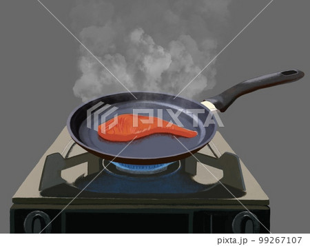 フライパンとガスコンロ（魚の切り身））蒸気 99267107