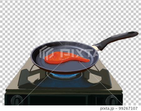 フライパンとガスコンロ（魚の切り身））蒸気 99267107