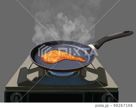 フライパンとガスコンロ（焼き魚）蒸気 99267108