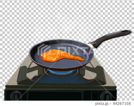 フライパンとガスコンロ（焼き魚）蒸気 99267108
