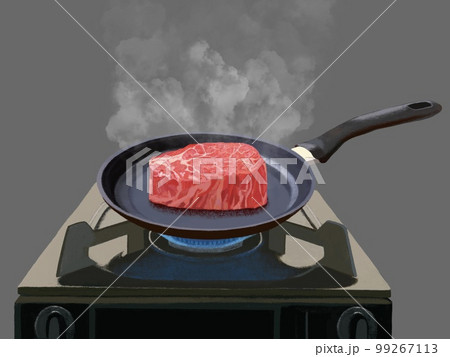 フライパンとガスコンロ（ステーキ肉）蒸気 99267113