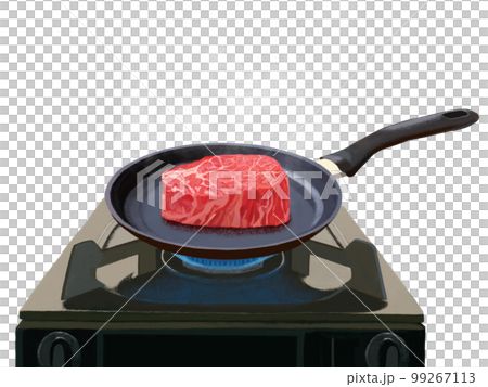 フライパンとガスコンロ（ステーキ肉）蒸気 99267113