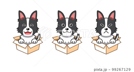Vector cartoon illustration set of shepherd dog showing different emotions in cardboard boxes 99267129