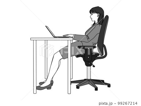 仙骨座りで椅子に寄りかかってパソコン作業をするビジネスウーマン女性 全身横向きのモノクロイラスト 仙骨座りで椅子に寄りかかってパソコン作業をするビジネスウーマン女性 全身横向きのモノクロイラスト 99267214