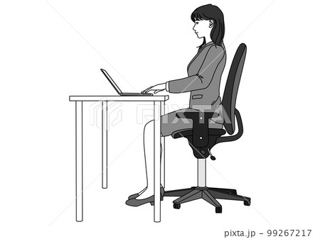 背筋を伸ばし良い姿勢で椅子に座ってパソコン作業する女性の全身横向きのイラスト 99267217