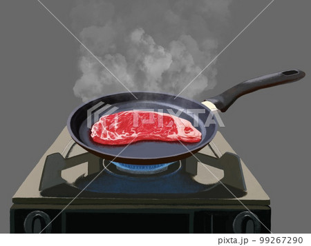 フライパンとガスコンロ（牛肉）蒸気 99267290