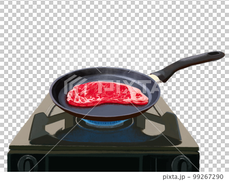 フライパンとガスコンロ（牛肉）蒸気 99267290