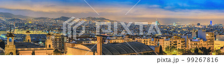 Barcelona Spain, high angle view night panorama city skyline at city center 99267816