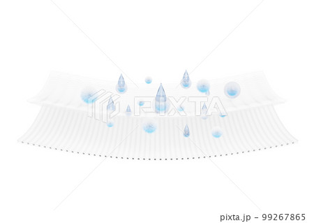 3d synthetic fiber hair absorbent layer with sanitary napkin, ventilate shows water droplets for diapers, baby diaper adult concept isolated. 3d render illustration 99267865