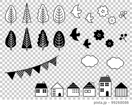 斯堪的納維亞風格的插圖集，包括樹木、鳥類和房屋的黑白線條圖 99268086