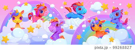 Cute unicorns in sky with rainbows and clouds 99268827