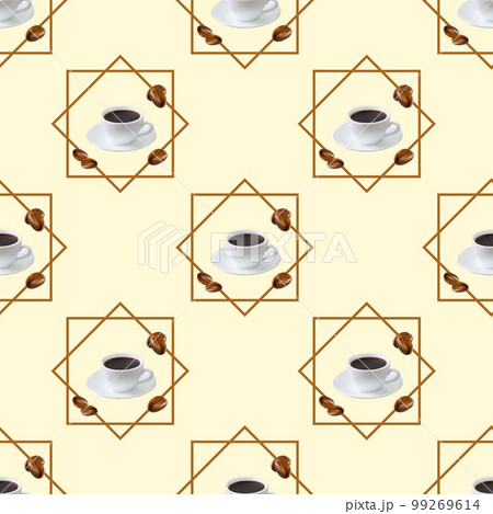 Seamless pattern with a cup and coffee beans on a light background with frames. Background for wallpapers, textiles, packaging. Vector image. Seamless pattern with a cup and coffee beans on a light background with frames. Background for wallpapers, textiles, packaging. Vector image. 99269614