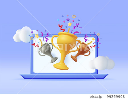 3D Winner Laptop with Gold Trophy and Confetti. 99269908