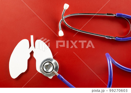 World Tuberculosis Day. Top view of lungs paper symbol and medical stethoscope on red background, copy space, lung cancer awareness, concept of world TB day, Healthcare and medicine concept World Tuberculosis Day. Top view of lungs paper symbol and medical stethoscope on red background, copy space, lung cancer awareness, concept of world TB day, Healthcare and medicine concept 99270603