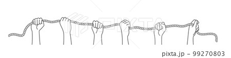 Human hands raised up hold the rope. 99270803