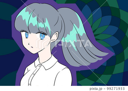 ポニーテールの女学生　学生　ロングヘア　手描きイラスト 99271933