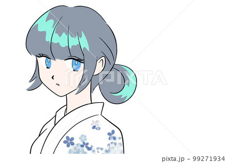 白い浴衣を着た女性　手描きイラスト　白背景　シンプル　ひとつ結び 99271934