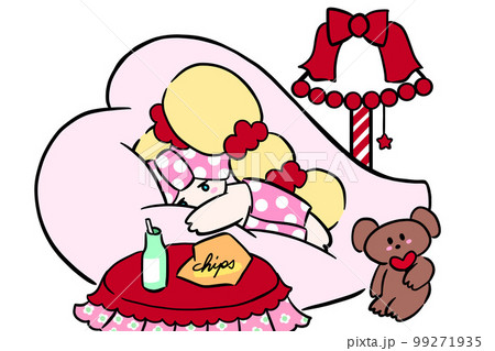 寝ながらお菓子を食べて寝落ちしそうな女の子　ふてくされて爆食い　手描きイラスト　かわいい　可愛い 99271935