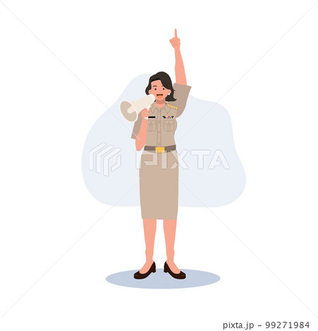female Thai government officers in uniform. Woman Thai teacher using megaphone. Vector illustration female Thai government officers in uniform. Woman Thai teacher using megaphone. Vector illustration 99271984