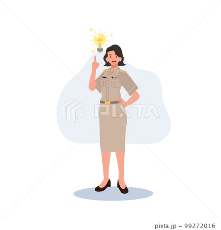 female Thai government officers in uniform. Woman Thai teacher, got new idea, lightbulb. Vector illustration 99272016